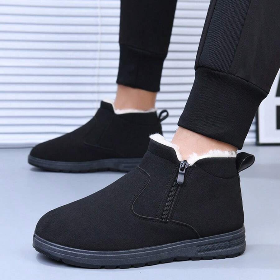 Los Sankii Men's Winter Warm Boots, Side Zipper Ankle Boots With Thick Fleece Lining, Casual Snow Boots - Black - View 1