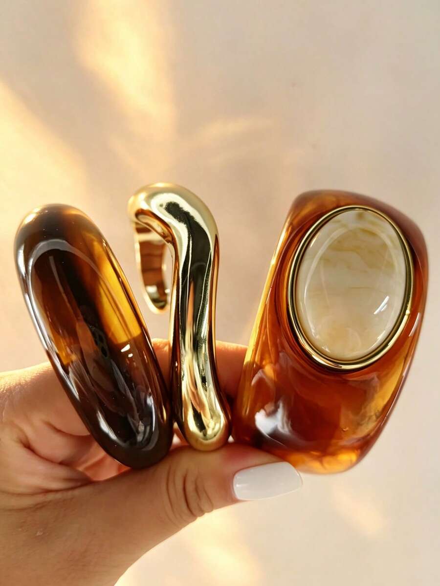 3/1pc Fashion Old Money Style Exaggerated Maillard Geometric Asymmetrical Bracelet Set For Women, Sisters, Vacation, Date, Gift, Daily Casual, Party, Wedding, Matching, Mom, Friend (Color Difference May Occur) - Brown - View 1