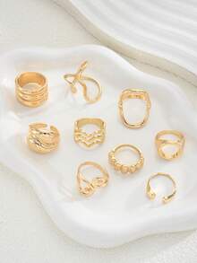 9pcs Simple Fashion Asymmetrical Metal Geometric Rings Set For Women, Sisters, Vacation, Date, Gift, Daily Casual, Party, Wedding - Yellow Gold - View 4