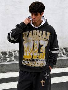 Zrgoth Men's Vintage Racing Style Distressed Print Sweatshirt, Limited Edition Streetwear Loose Fit Hoodie, Long Sleeve Drawstring Streetwear Pullover, Casual Pullover Top - Black - View 2