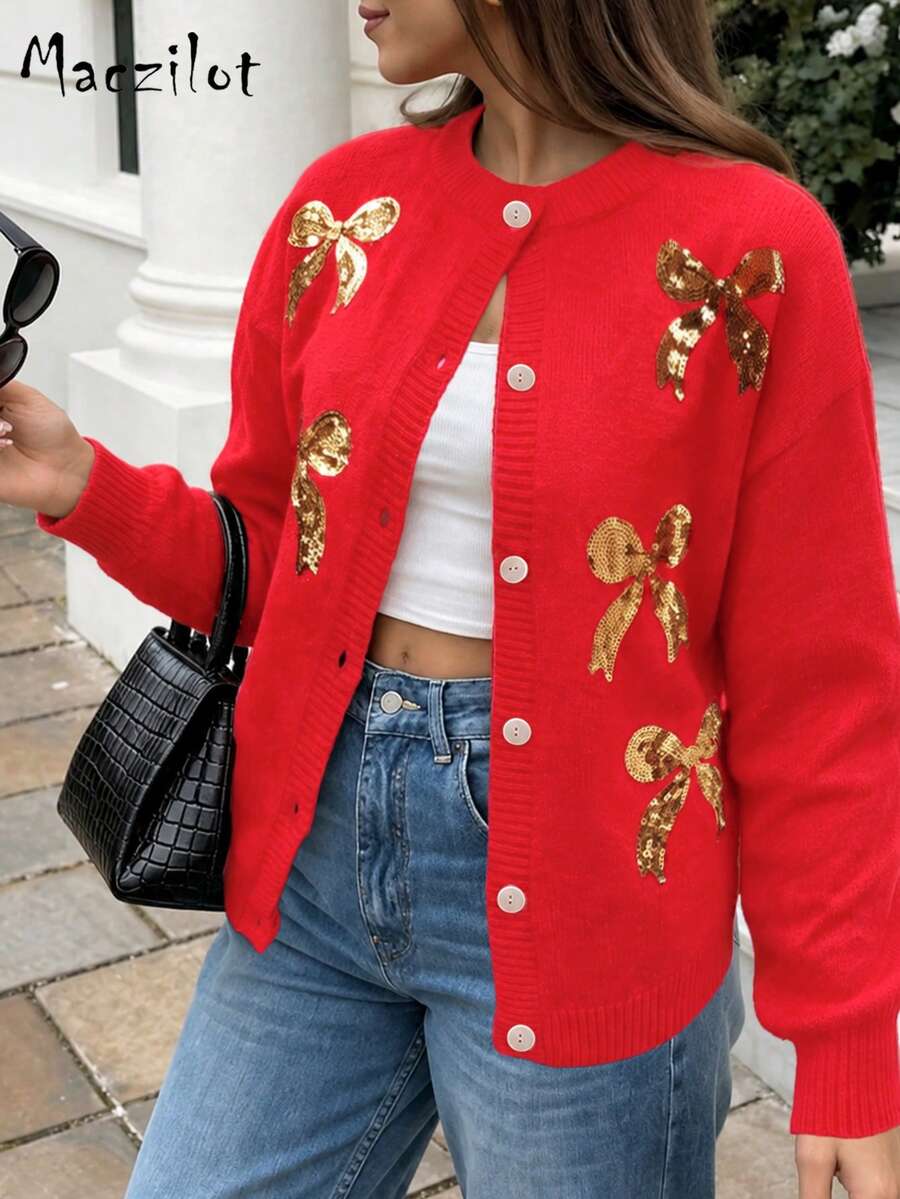 Plus Size Women's Autumn/Winter Button Front Sequin Bow Long Sleeve Knit Cardigan, Casual Commute Date Party Jacket - Orange - View 1