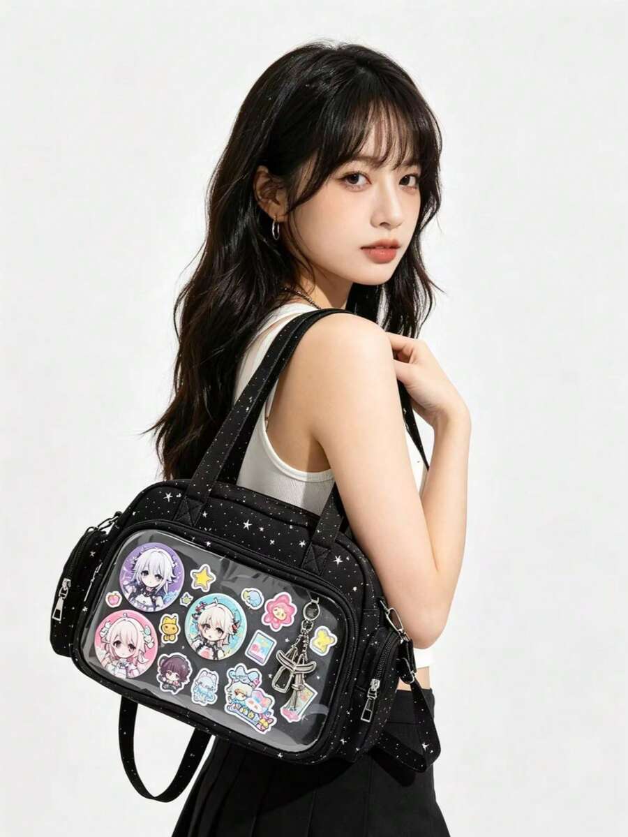 Japanese Style Star Print Transparent Ita Bag, Shoulder Crossbody Bag With Clear Display Window, Pin Badge & Charm Display Tote For Daily Use, School, Travel, Birthday Gift