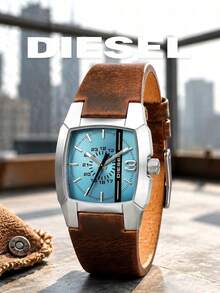 Diesel DZ1998 Men's Unique Square Watch, Silver Square Case, Light Blue Dial, Brown Strap, Unique Retro Urban Style, Suitable For Daily Wear - one-size - View 1