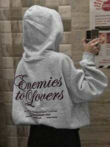 Women's Loose Grey Sweatshirt With Drawstring, Long Sleeve Knit Sweatshirt, Autumn Street Style - Grey - View 5