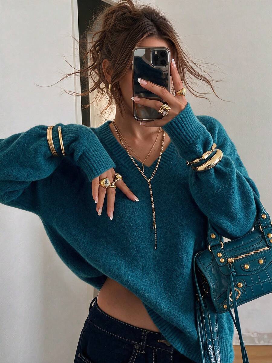 Aflion Women Fall V Neck Soft Knit Sweater, Drop Shoulder Lantern Long Sleeve Cropped Loose Pullover, Casual Daily Outfit - Dusty Blue - View 1