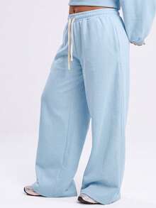 KyrLssu Women's Wide Leg Sweatpants, Elastic Waist Drawstring Casual Long Pants With Pockets - Blue - View 3
