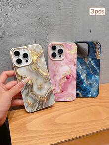 3pcs Luxury Marble Print TPU Shockproof Full Coverage Precision Protective Case Compatible With Apple 11/12/13/14/15/16/16Pro/16ProMax/17/17pro/17ProMax/18pro 18ProMax - Multicolor - View 1