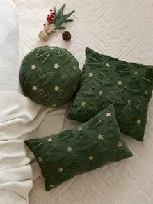 1pc Christmas Green Artificial Fur Christmas Tree Embroidered Pillow Case, Suitable For Indoor Decoration, Christmas Decoration, All Season Pillow Case, Without Insert - Green - View 2