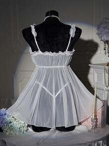 AESKEIA 女士半透明性感睡裙火辣吊带诱惑情趣服装连衣裙熟女内衣丁字裤晚礼服外出 - 白色 - 查看 5