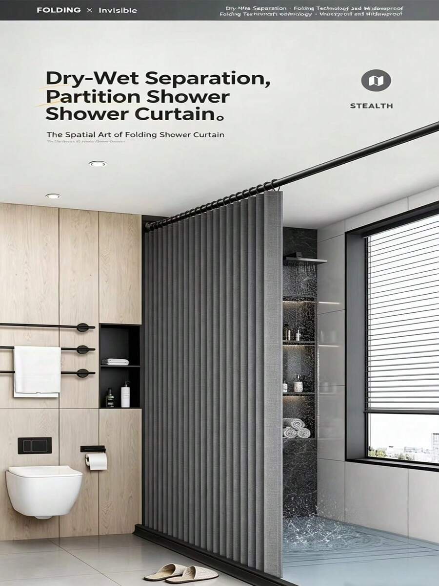 1-Piece Premium Simple Folding Shower Curtain, Thickened Fabric, Waterproof And Mildew-Proof, With Hanging Rope Loops, Easy To Install, Foldable, With Magnetic Function And Hanging Strap, Convenient For Storage, Suitable For Hotels, Home Bathroom - Black - View 1