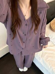 2pcs Women Sleepwear Set, Turndown Collar Cardigan Shirt, Floral Print Fashionable Minimalist 3/4 Pants, Suitable For Home & Leisure, All Seasons - Purple - View 2