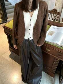 Autumn/Winter Color Block 2 In 1 V-Neck Casual Cardigan Knit Sweater - Coffee Brown - View 10