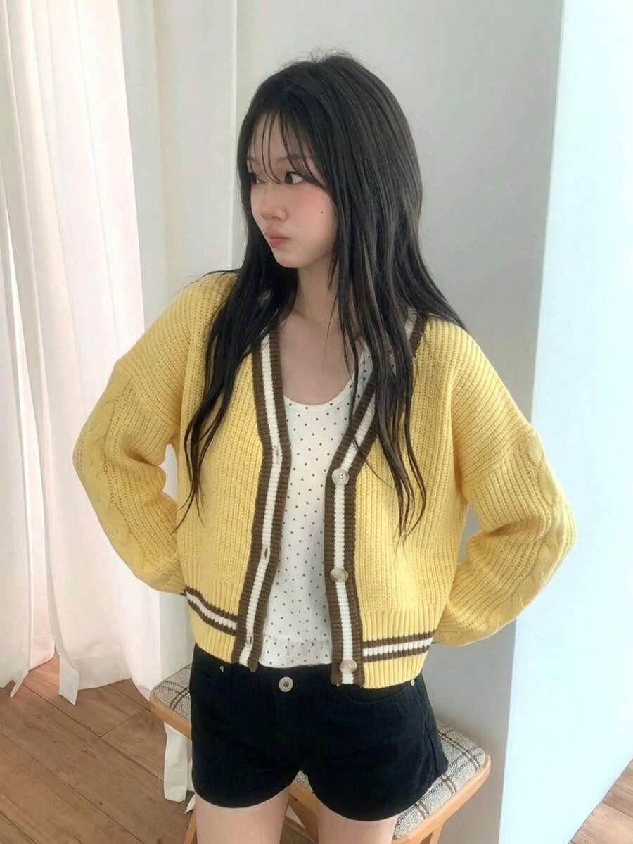 Contrast Trim Ribbed Knit Cardigan, Button Front, Long Sleeve, Slim Fit, Blue Sweater Cardigan For Women, Casual Fall Layering Top - Apricot - View 1