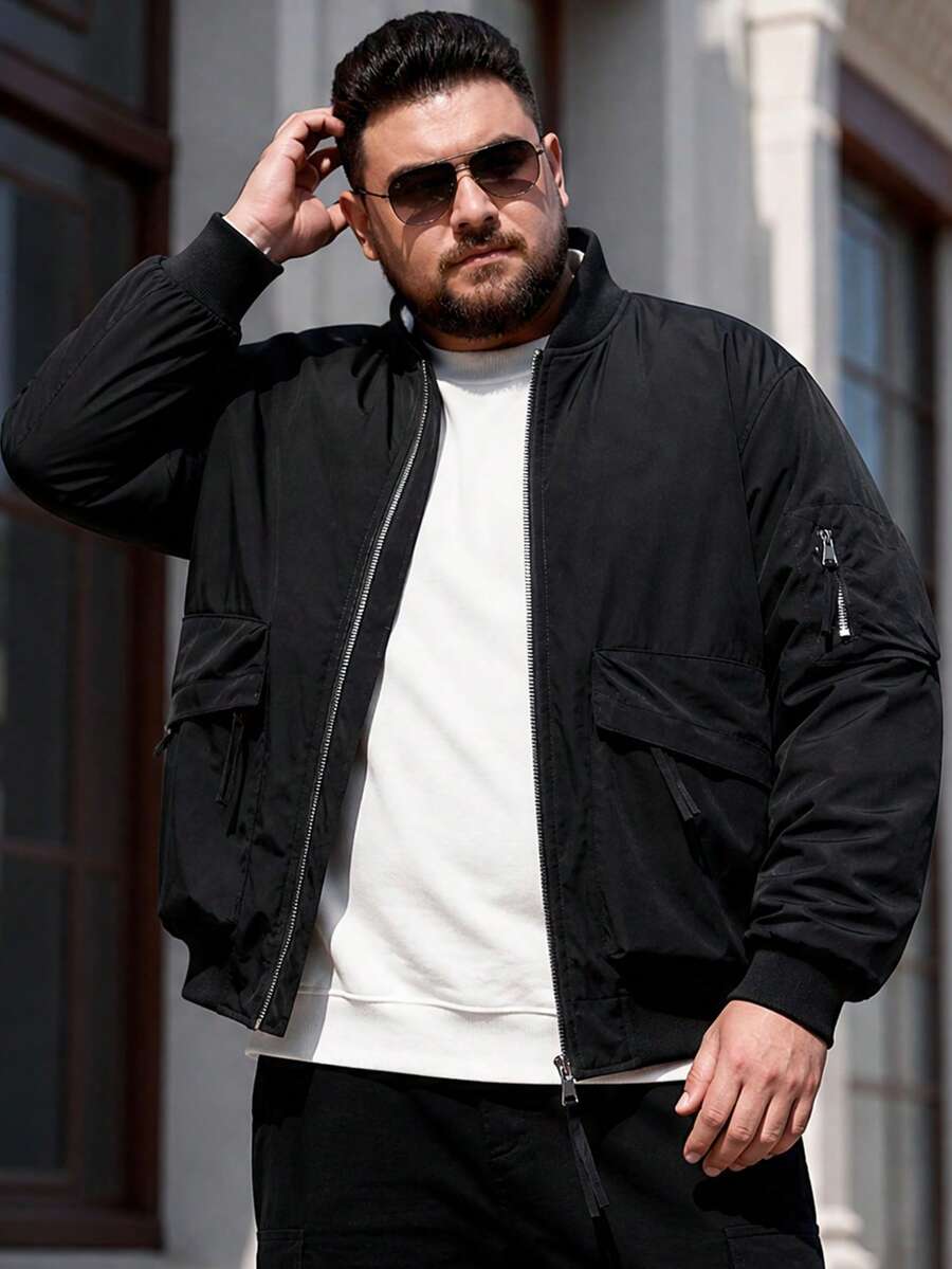 Men's Autumn/Winter Casual Versatile Zipper Front Baseball Collar Solid Color Plus Size Flight Jacket - Black - View 1