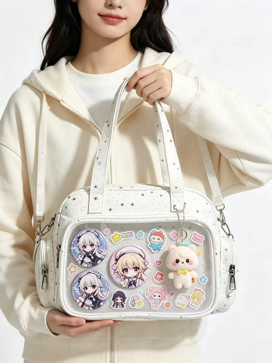 Japanese Style Star Print Transparent Ita Bag, Shoulder Crossbody Bag With Clear Display Window, Pin Badge & Charm Display Tote For Daily Use, School, Travel, Birthday Gift