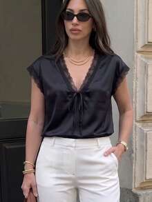 Women's V-Neck Satin Blouse, Elegant Lace Trim Short Sleeve Top, Sexy Tie Front Summer Shirt, Suitable For Party, Date Night, Casual Fashion - Black - View 2