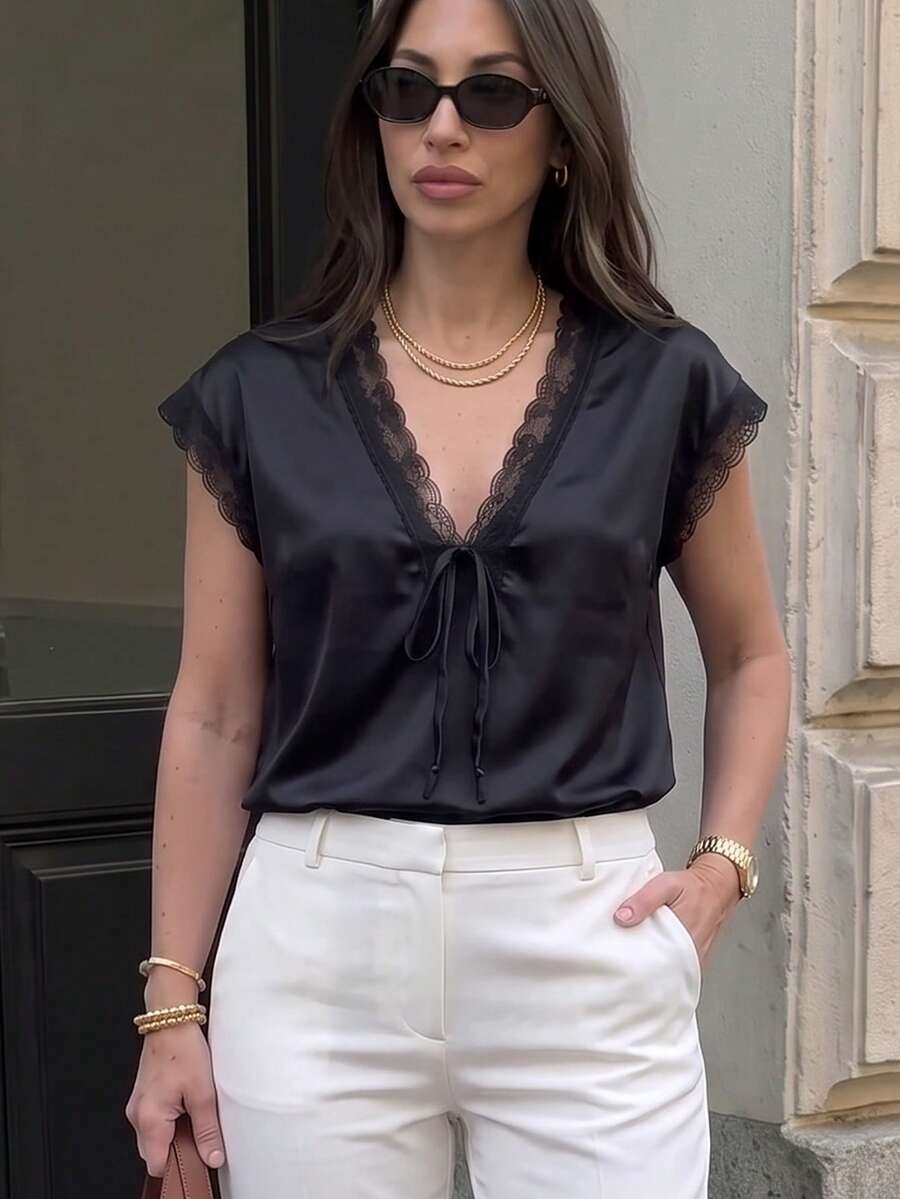 Women's V-Neck Satin Blouse, Elegant Lace Trim Short Sleeve Top, Sexy Tie Front Summer Shirt, Suitable For Party, Date Night, Casual Fashion