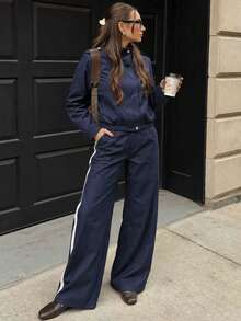 Women's Casual Lapel Button Zipper Solid Color Jacket And Wide Leg Pants 2-Piece Set, Flight Academy Style, Sporty Casual Outfit - Navy Blue - View 2