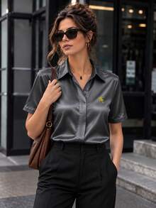 Silk Short Sleeve Shirt With Design, Lightweight Mature Hong Kong Style, Satin Fabric, Solid Color, Button Closure, Office Wear - Grey - View 4