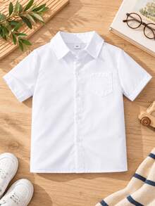 Young Boy Classic College Style Pocketed White Short Sleeve Shirt For Formal Events, Parties, Performances - White - View 2
