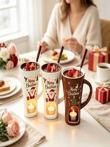 Christmas Ceramic Chocolate Fondue Cup Set With Tea Candle Holder And Forks, Santa Claus Reindeer Tree Pattern Heat-Resistant Hot Chocolate Melting Pot, Holiday Dessert Dipping Bowl For Strawberries Marshmallows, Christmas Party Tableware Gift - Multicolor - View 5
