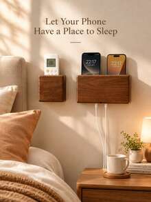 1pc Wall-Mounted Storage Box With Bottom Charging Port, Minimalist Rectangular Wall-Mounted Phone, Scissors And Small Items Organizer, Perfect For Living Room, Bedroom, Office And Home Gift - Coffee Brown - View 1