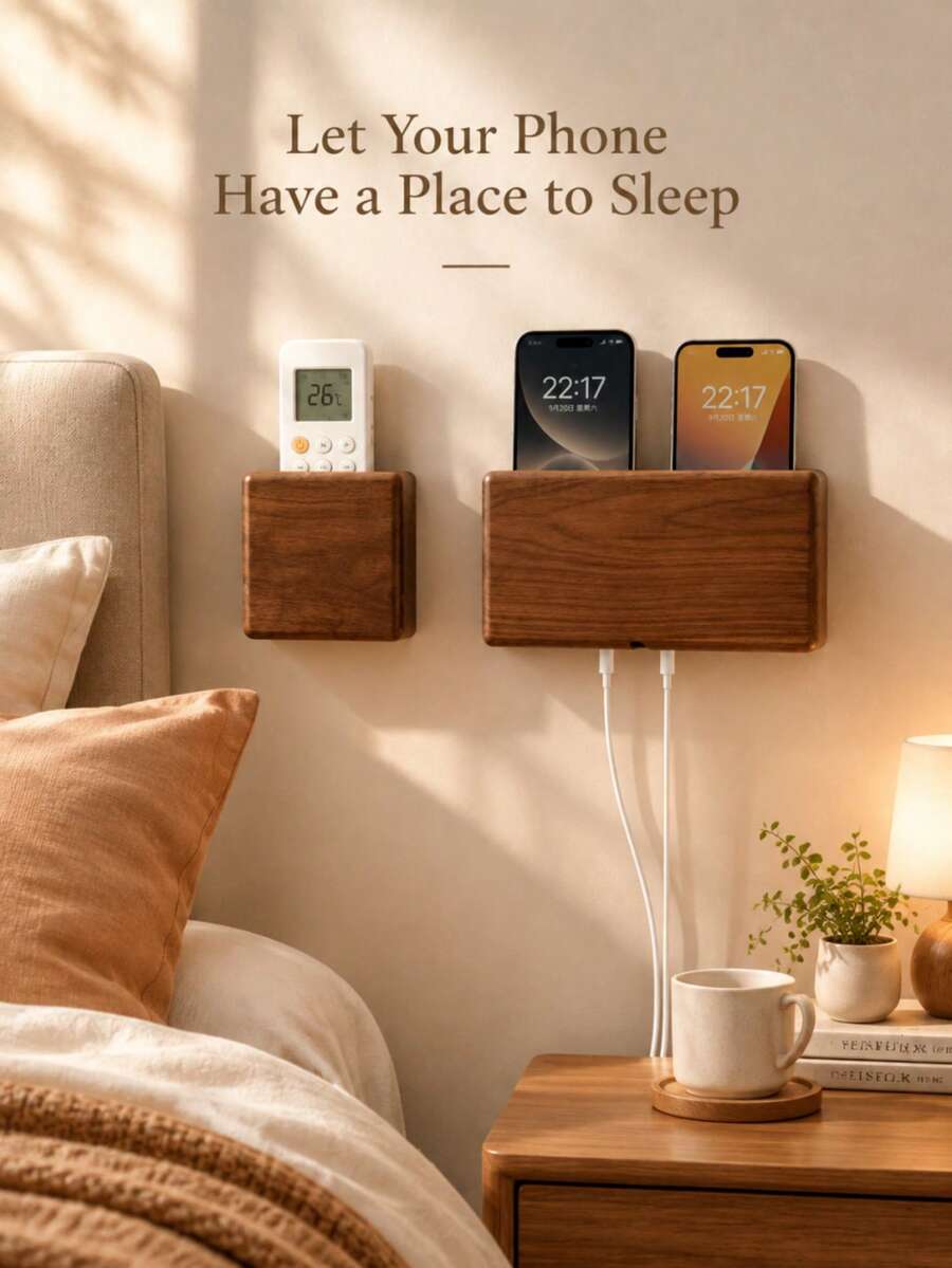 1pc Wall-Mounted Storage Box With Bottom Charging Port, Minimalist Rectangular Wall-Mounted Phone, Scissors And Small Items Organizer, Perfect For Living Room, Bedroom, Office And Home Gift - Coffee Brown - View 1