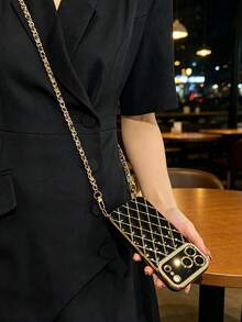 1 pieza Funda de teléfono con cadena cruzada de cuero con estampado de leopardo, estilo nuevo acolchado con diamantes electrochapados de strass, compatible con iPhone, material TPU - Multicolor - Ver 6