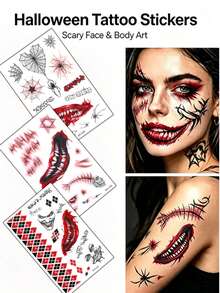 Halloween Scary Temporary Tattoo Stickers, Bloody Scar Spider Web Joker Face Tattoos For Cosplay Party - Red - View 8