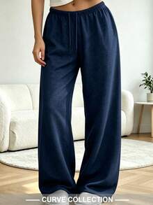 Plus Size Women's Solid Color Drawstring Waist Casual Daily Long Pants - Navy Blue - View 4
