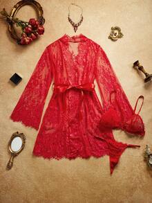 PinupPomp 3pcs Floral Lace Underwire Lingerie Set Women's Elegant Lace Trim Camisole Nightgown & Robe Lingerie Set - Red - View 1
