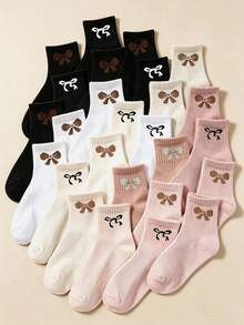 5/10/20 Pairs Random Color Mid-Calf Socks, Bow Pattern, Black White Gray Earth Tone Pink, Baby Girl Party Halloween Christmas Holiday Gift - Multicolor - View 3