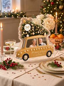 1pc Custom Photo & Text Vintage Car Christmas Acrylic Plaque, 50th Golden Wedding Anniversary Couple Desktop Ornament, Christmas Style Personalized Keepsake Gift For Parents Couple,Christmas Gift,Christmas Tree Element,Winter Holiday Table Decor - Multicolor - View 4