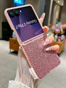 1pc Fashionable Simple Cute Side Zippered Sparkly Rhinestone Diamond Pattern Element Foldable Phone Case, Protective & Drop-Proof For: SamsungGalaxy Z Flip 5/Z Flip 6/ZFlip 7/Z Flip 8/Razr 60/Razr 50/Razr 70, Galaxy Z Flip7 FE - Pink - View 1