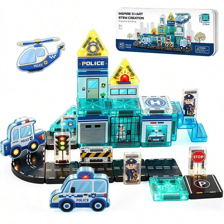 Mini Police Station Magnetic Tiles Building Blocks For Kids, 40PCS STEM City Police Toys Include Policeman,Vehicles,Prison - Multicolor - View 1