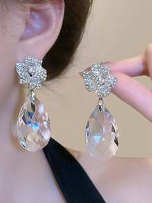1 Pair Transparent Water Drop Rhinestone Multi-Layer Tassel Earrings, Long Waterfall Drop Earrings For Bridal Wedding Dress, Elegant Women's Earrings - Silver - View 8