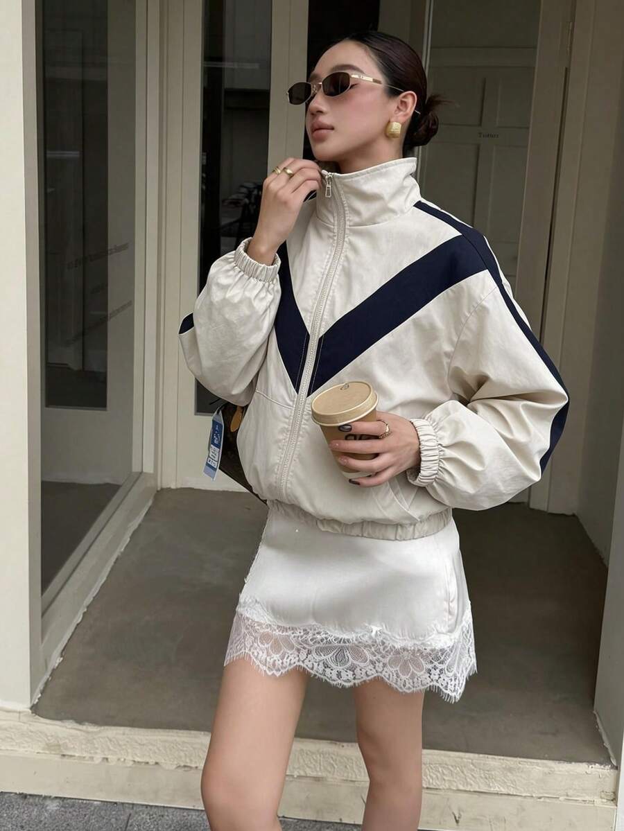 Autumn New Women's Woven Jacket Coat, Vintage Colorblock, Fashionable Stand Collar, Preppy Style, Apré Outfit Piece, Daily Commute, Sports, Multi-Style - Multicolor - View 1