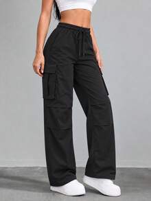Women's Black Drawstring Waist Wide Leg Cargo Pants With Large Flap Pockets Casual Relaxed Fit Trousers For Daily Wear - Black - View 9