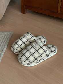 XIXITIAO Casual Color Block Plaid Slippers For Men & Women, Couples Warm Fleece Closed Toe House Shoes For Autumn Winter - Beige - View 6