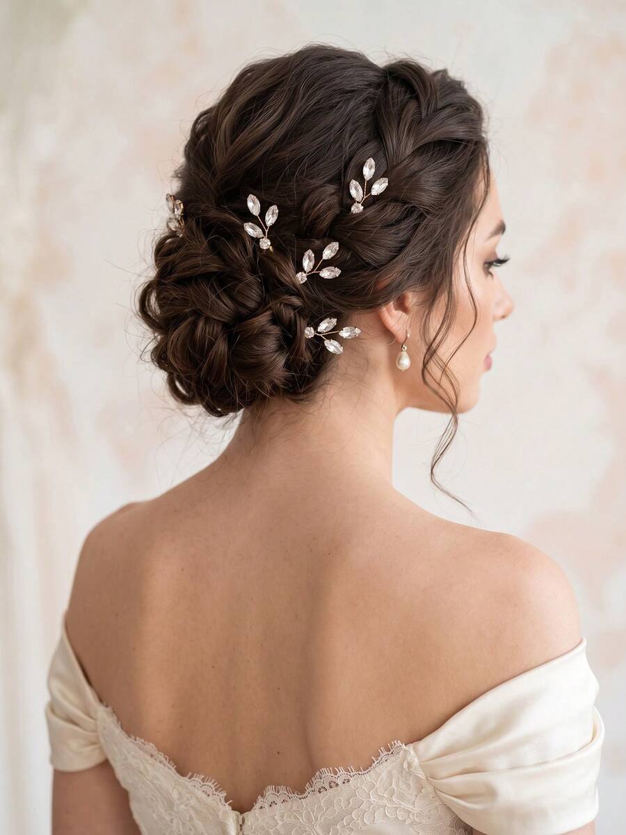 6pcs Bridal Rhinestone Leaf U-Shaped Hair Pins Golden Wedding Hair Forks Elegant Hair Accessories For Women Prom Party