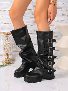 Women's Tall Boots With Belt Buckle, Retro Boots, Ruched Stacked Boots, Thick Sole Leggings Boots, Motorcycle Boots - Black - View 7