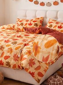 2pcs/3pcs Autumn Yellow Maple Leaves Digital Print Duvet Cover Set (1 Duvet Cover + 1/2 Pillowcase, Without Filling Material). Versatile Fun Style, Rustic Fresh Polyester, Soft Skin-Friendly. For Master/Guest/Second Bedroom, All Seasons,Ideal Gift - Multicolor - View 2