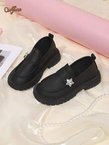 1 Pair Black Girls' Rhinestone Star Decor PU Material Round Toe Low-Top Slip-On Thick Sole Chunky Heel British Style Loafers Suitable For School, Daily Wear And Party - Black - View 2