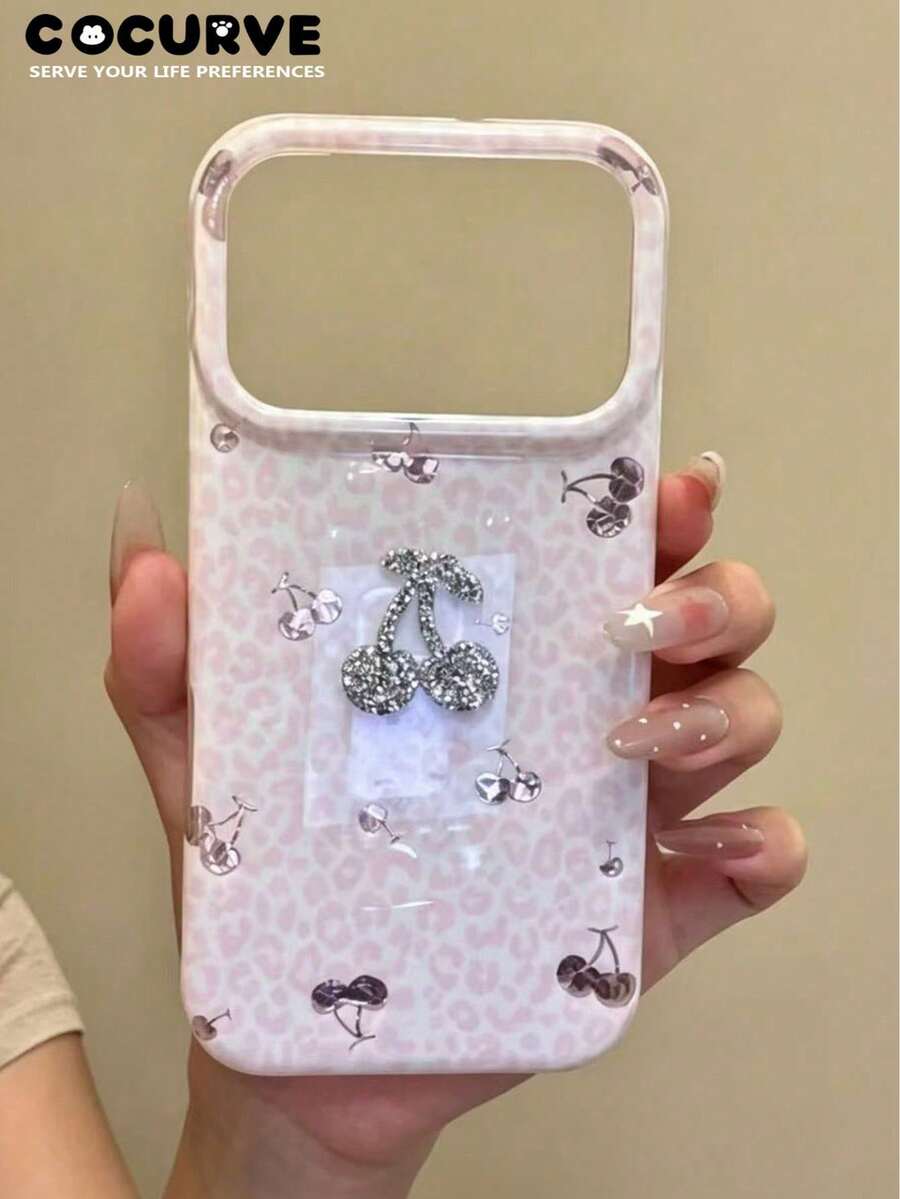Cocurve 1pc Korean Style Diamond Pattern Pink Leopard 3D Rhinestone Cherry Glitter Phone Case, Sweet Girl Style, Compatible With Iphone 18 Pro Max/18 Pro/17 Pro/17 Pro Max/16 Pro/16 Pro Max/16/15 Pro Max/15 Pro/15/Plus, Shockproof IMD Print, 14 Pro Max/14/13 Pro Max/13 Pro/13/12 Pro Max/12 Pro/12/11 Pro Max/11 Pro/11, Personalized Versatile Unique, Suitable For Couples, Holidays, Halloween, Anniversary Gifts - Multicolor - View 1