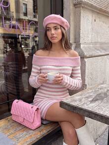 Women's Pink And White Striped Off-Shoulder Mini Knit Dress, Long Sleeve Ribbed Knit Detail, Perfect Autumn Fashion Piece - Pink - View 2