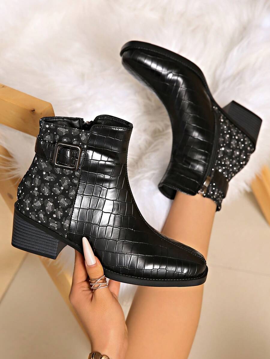 Women's Ankle Boots, New Autumn/Winter Fashion Comfortable Leopard Print Patchwork Rhinestone Decor Chunky Heel Back Zipper Design Suitable For Commuting, Outdoor, Gatherings And Parties - Black - View 1