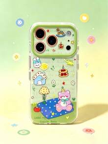 Autumn Cute Cartoon Party Bear Sticker Style Phone Case, Lovely Rabbit Cake House Print Green Camera Frame Clear IMD Glossy Shockproof Anti-Scratch Protective Cover For IPhone11 12 13 14 15 16 17 18 Pro Max,18 Pro - Multicolor - View 1
