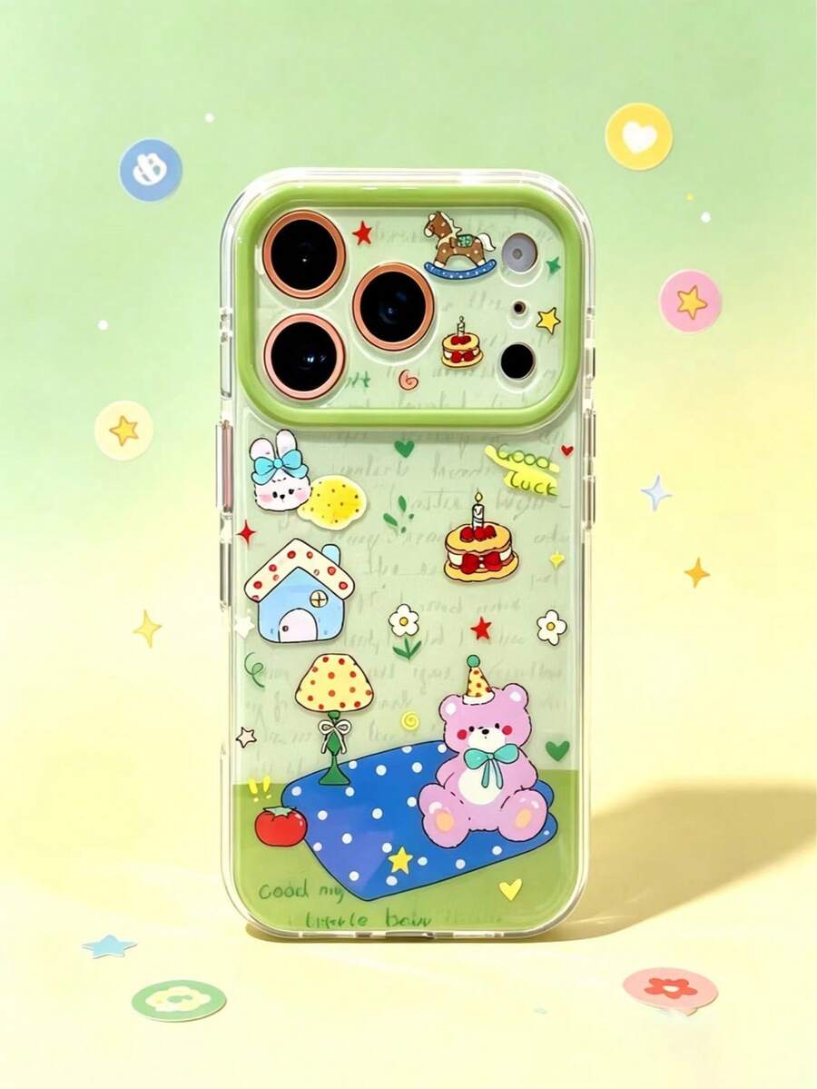Autumn Cute Cartoon Party Bear Sticker Style Phone Case, Lovely Rabbit Cake House Print Green Camera Frame Clear IMD Glossy Shockproof Anti-Scratch Protective Cover For IPhone11 12 13 14 15 16 17 18 Pro Max,18 Pro - Multicolor - View 1