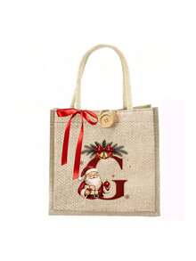 Initial And Name Christmas Canvas Gift Bag, 26 Initials, Custom Large Santa Claus Patterned Cloth Bag, Featuring A Red Bow Ribbon, Personalized Christmas Decoration Gift Party Favor - Multicolor - View 17