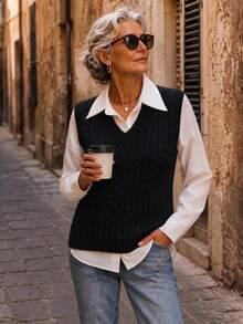 NZZOF V-Neck Versatile Knit Sleeveless Sweater Vest, Solid Color Casual Autumn/Winter Knit Vest (No Lining) - Black - View 1
